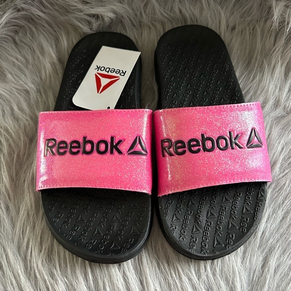 Reebok Slides Girls Size 3 Pink Black Sparkly Glitter Slip On‎ Sandals Shoes - Picture 1 of 6